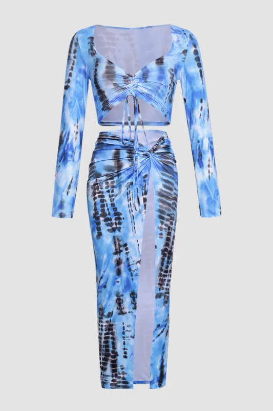 Tie Dye Ruched Front Long Sleeve And Midi Skirt Set sold by Micas