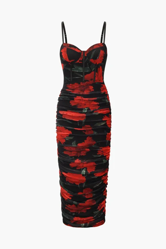 Floral Print Mesh Corset Ruched Midi Dress sold by Micas