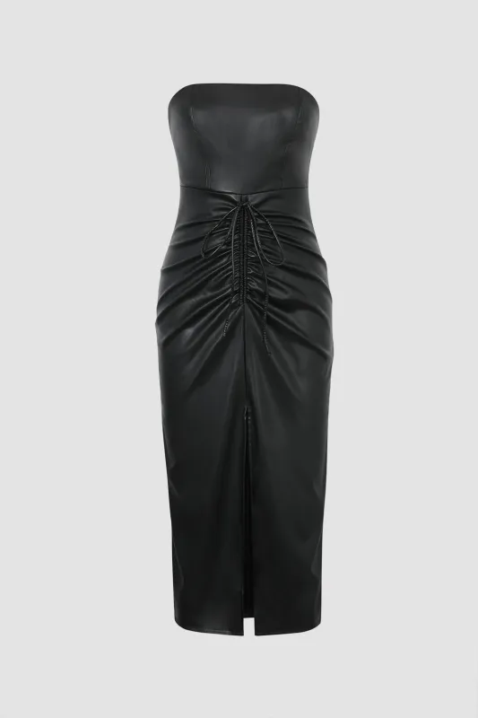 Leather Drawstring Ruched Slit Strapless Midi Dress sold by Micas