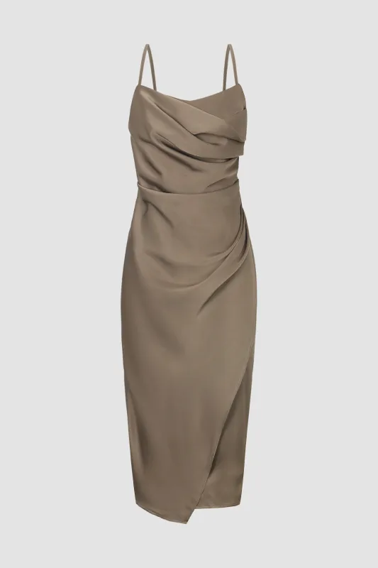 Satin Cowl Ruched Wrap Midi Dress sold by Micas