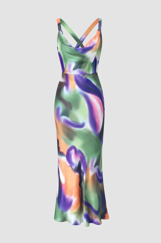 Abstract Print Cross Back Tie Satin Midi Dress sold by Micas