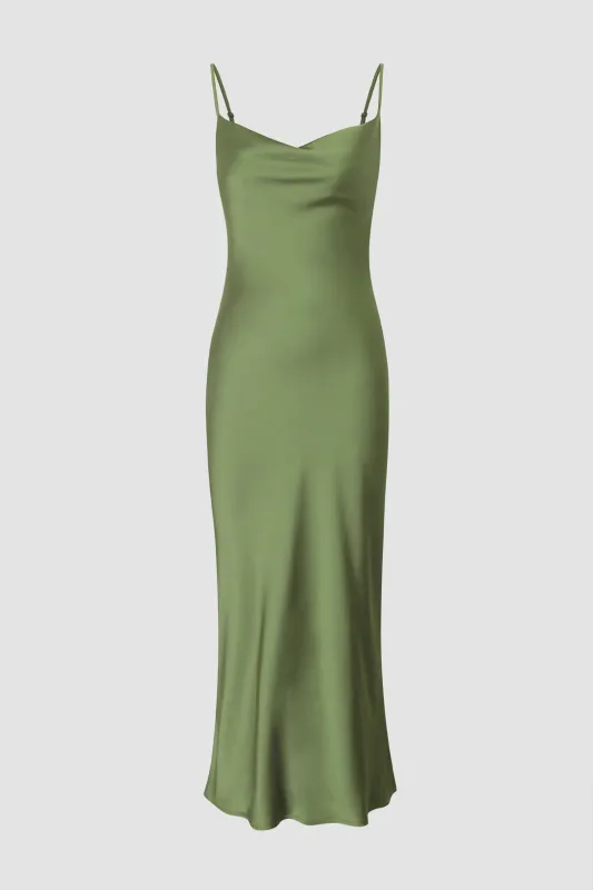Draped Neck Satin Midi Dress sold by Micas