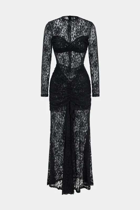 Lace Ruched Twist Knot Zipper Long Sleeve Maxi Dress sold by Micas