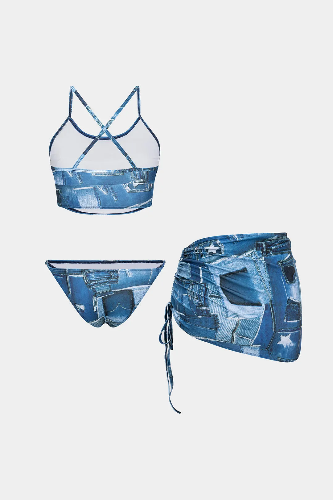 Denim Print Backless Drawstring Bikini Set sold by Micas product image thumbnail 3