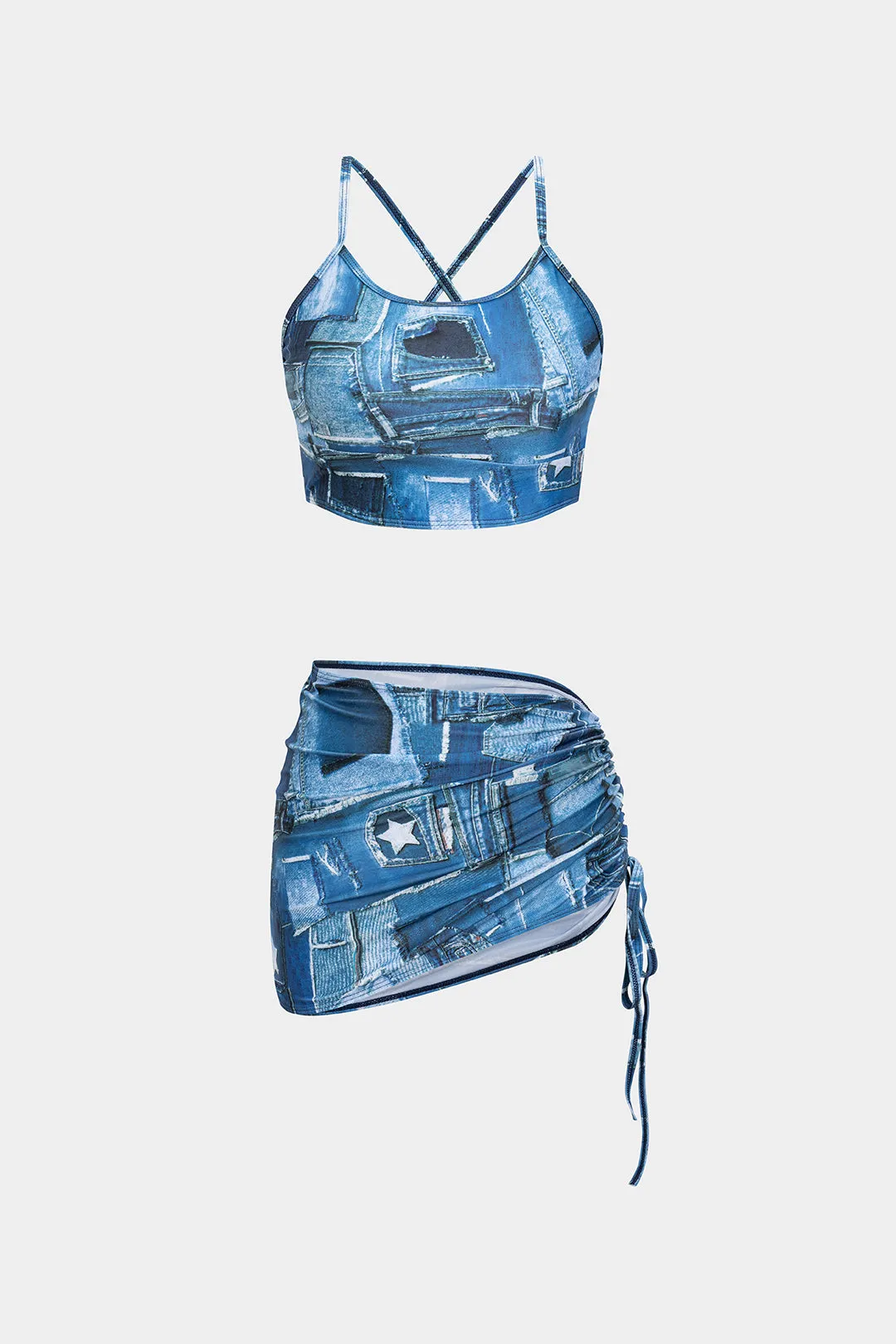 Denim Print Backless Drawstring Bikini Set sold by Micas