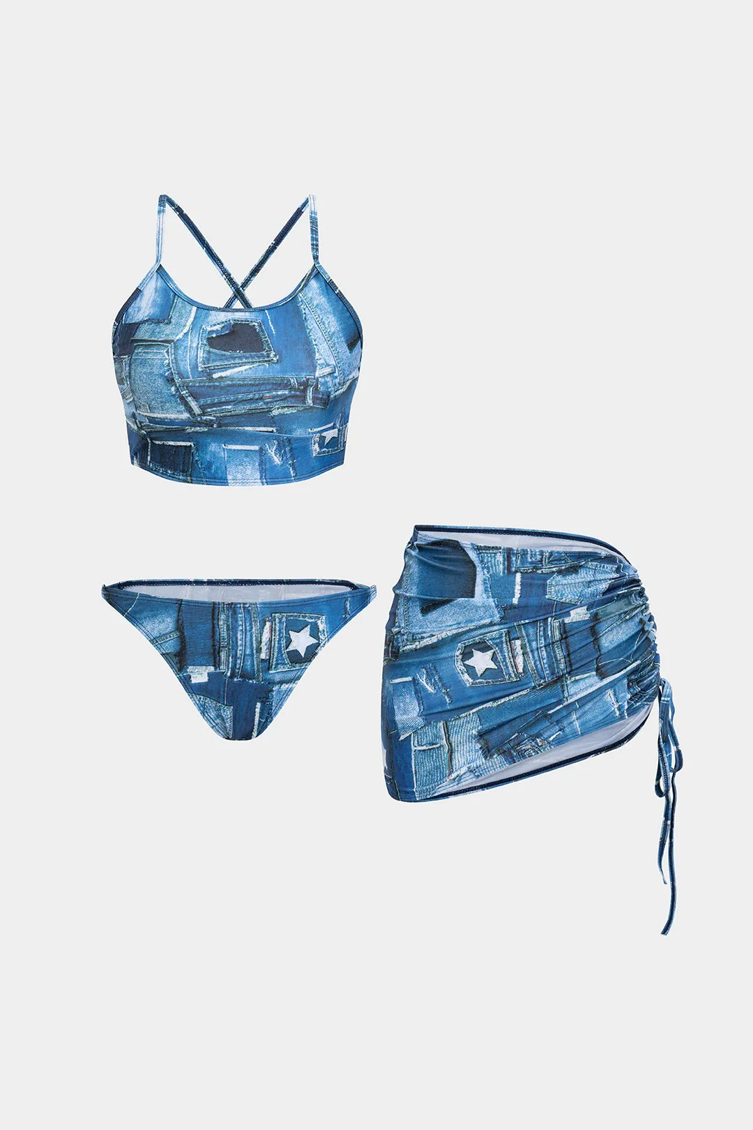 Denim Print Backless Drawstring Bikini Set sold by Micas product image thumbnail 2