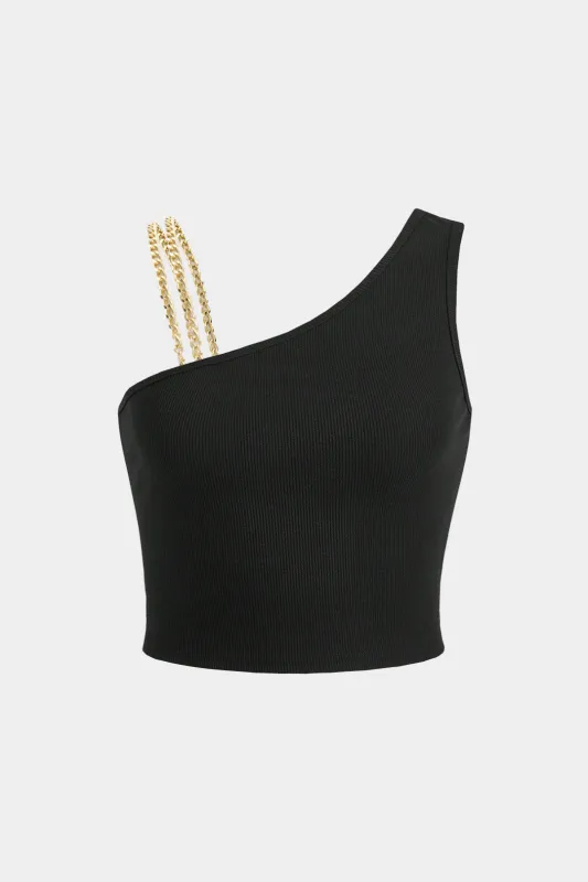 Plus størrelse metallisk kæde asymmetrisk kortærmet tank top sold by Micas
