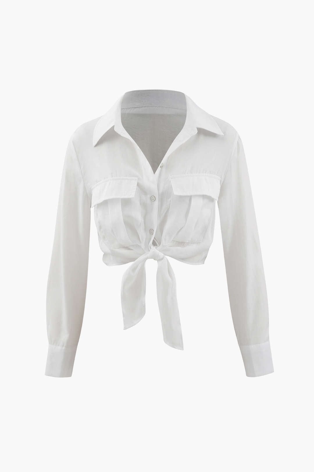 Flap Pocket Knot Hem Crop Shirt sold by Micas