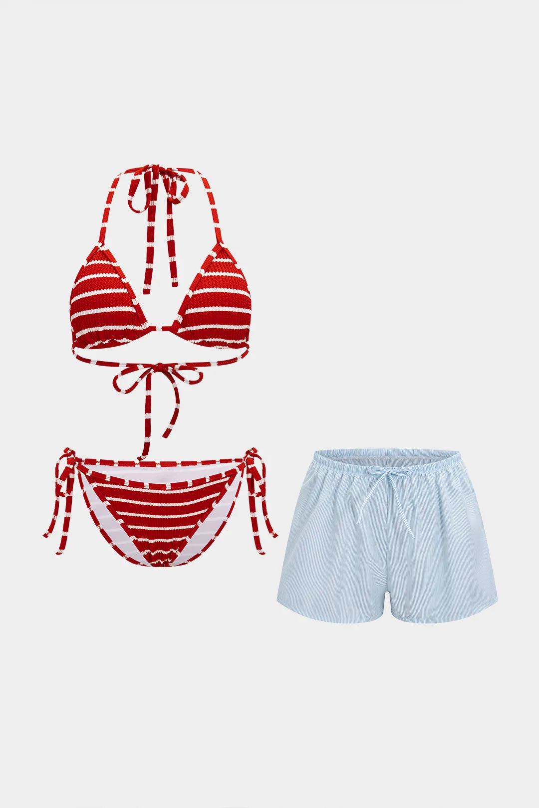 Stripes Print Drawstring Knotted 3-Piece Bikini Set sold by Micas