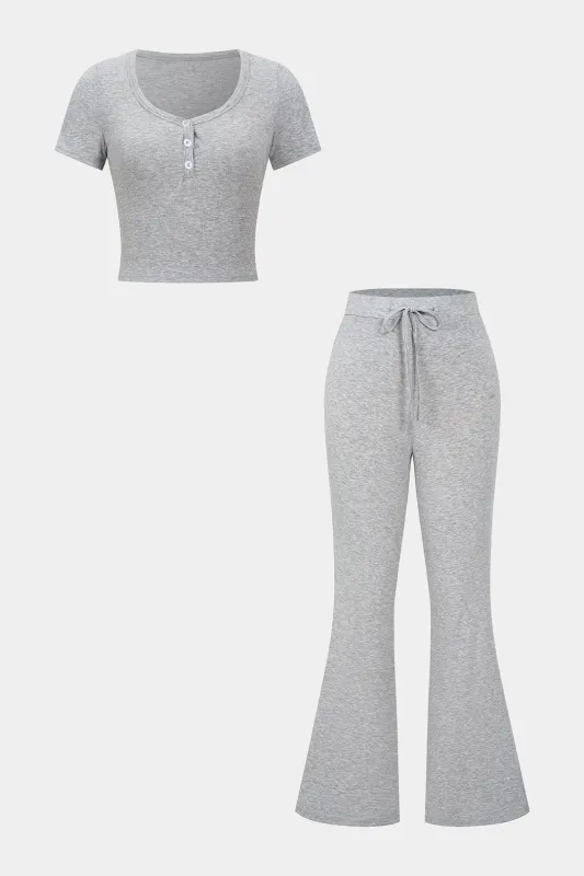 Solid T-shirt And Flared High Waist Trousers Set sold by Micas