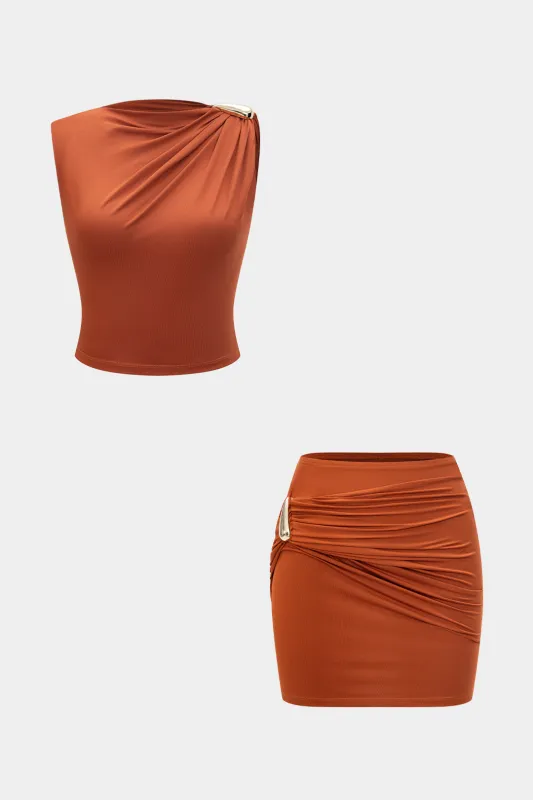 Metallic Ruched Asymmetrical Tank Top And Skirt Set sold by Micas