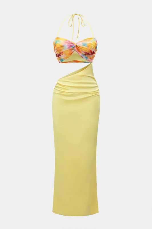Ombre Print Chiffon Satin Sleeveless Halter Neck Slip Patchwork Maxi Dress sold by Micas