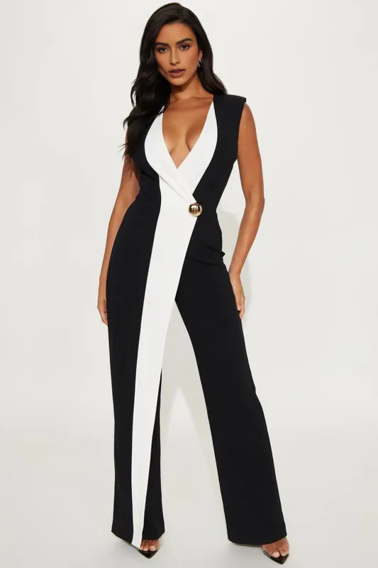 Contrast Asymmetrical Metallic Decor Sleeveless Jumpsuit sold by Micas
