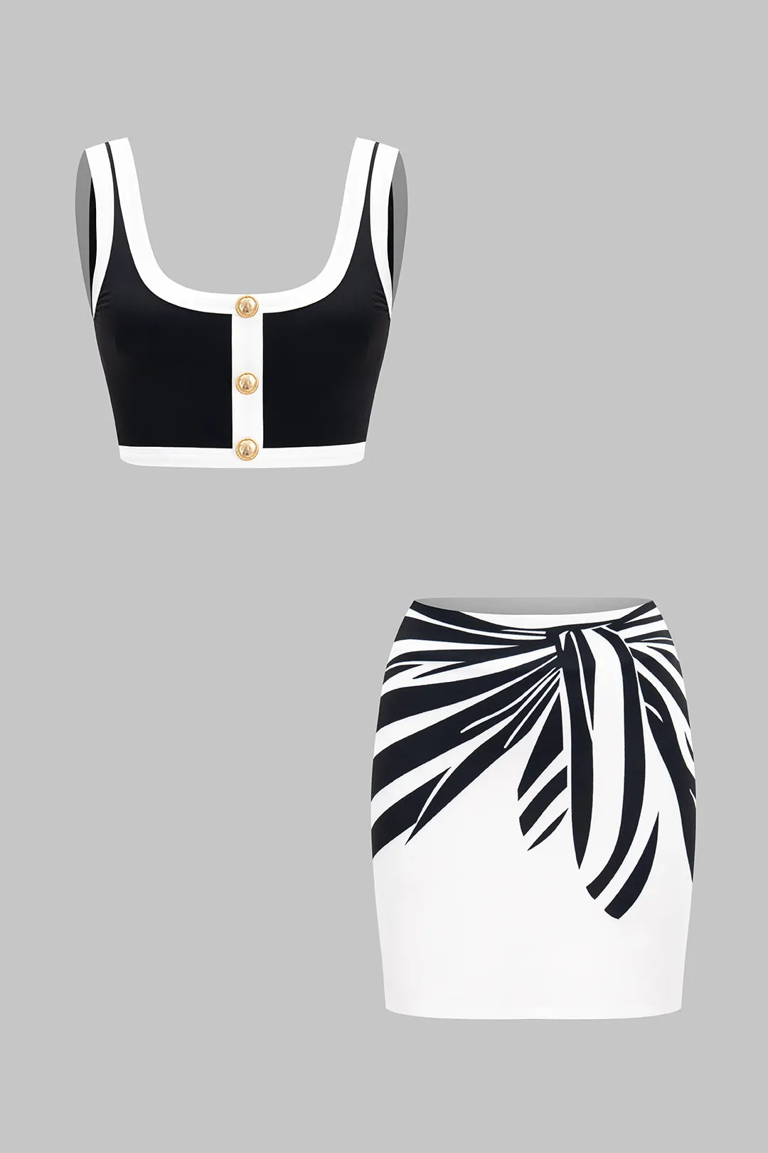 Contrast Print Retro Metallic Button Tank Top And Binding Skirt Set sold by Micas