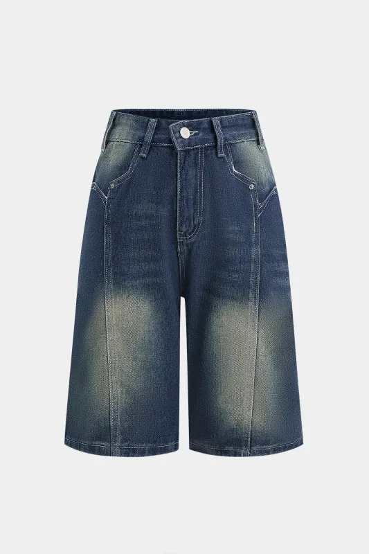 Denim Straight Leg Patchwork Shorts sold by Micas