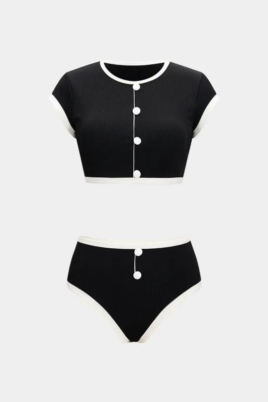 Metallic Button Contrast Bikini Set sold by Micas