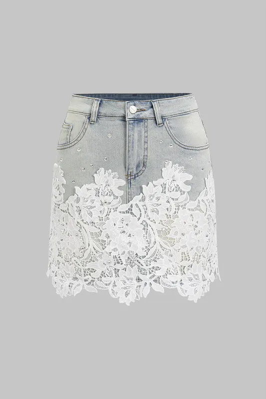 Denim High Waist Lace Patchwork Skirt sold by Micas