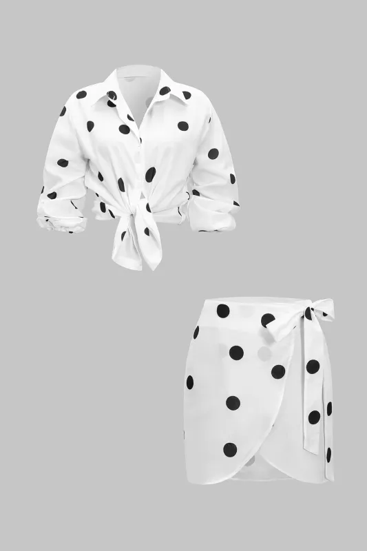 Polka Dots Print Tie-Up Detail Long Sleeve Shirt And Tie Front Mini Skirt Set sold by Micas