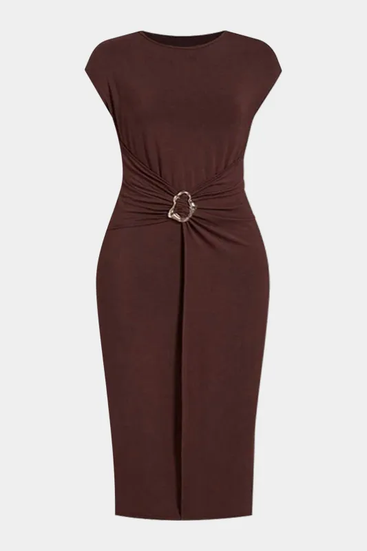 Plus Size Ruched Round Neck Short Sleeve Midi Dress sold by Micas