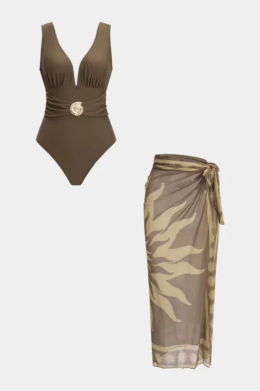Metallic Decor V-neck Swimwear And Retro Print Knotted Cover Up Set sold by Micas