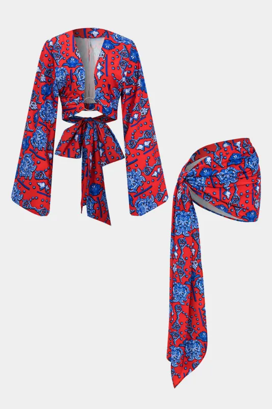 Retro Print Cut Out Tie Back Long-Sleeve Shirt And Knotted Ring Skirt Set sold by Micas