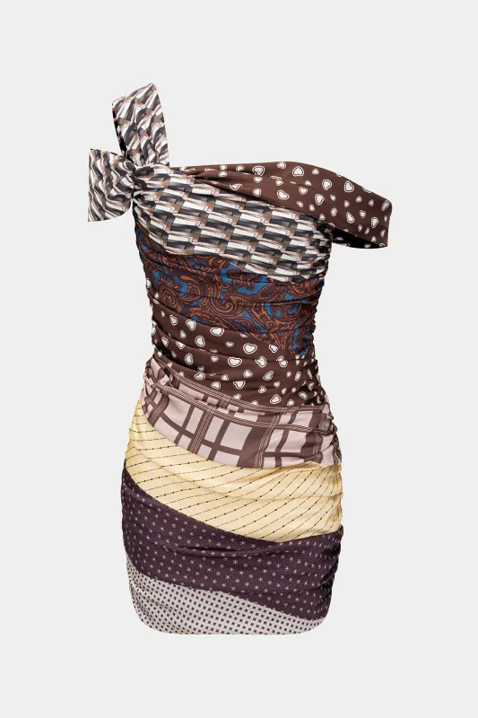 Color Block Print Ruched One Shoulder Sleeveless Mini Dress sold by Micas