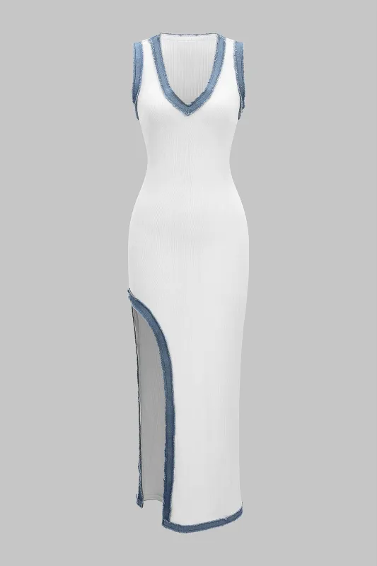 Denim Patchwork Asymmetrical Slip Sleeveless Maxi Dress sold by Micas