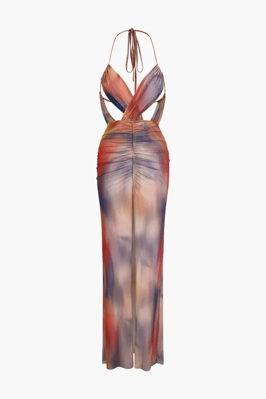 Ombre Print Backless Tie-Up Ruched Sleeveless Maxi Dress sold by Micas