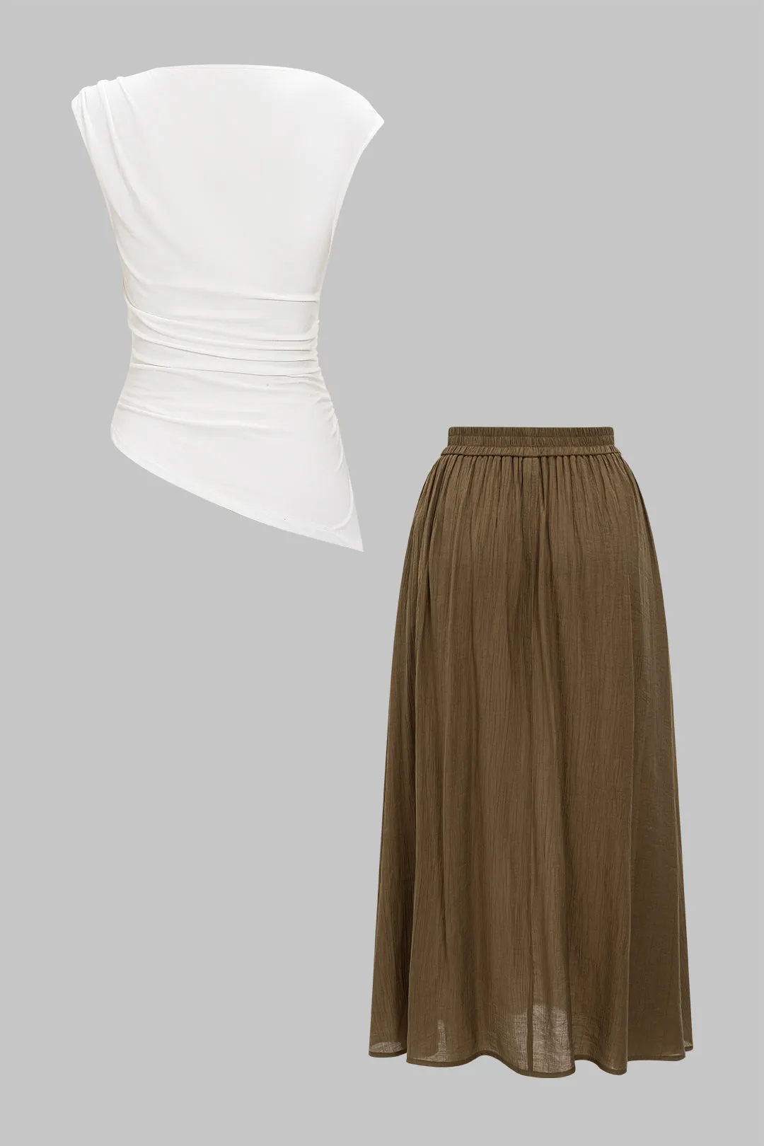Ruched Detail Asymmetrical T-shirt And Skirt Set sold by Micas product image thumbnail 5