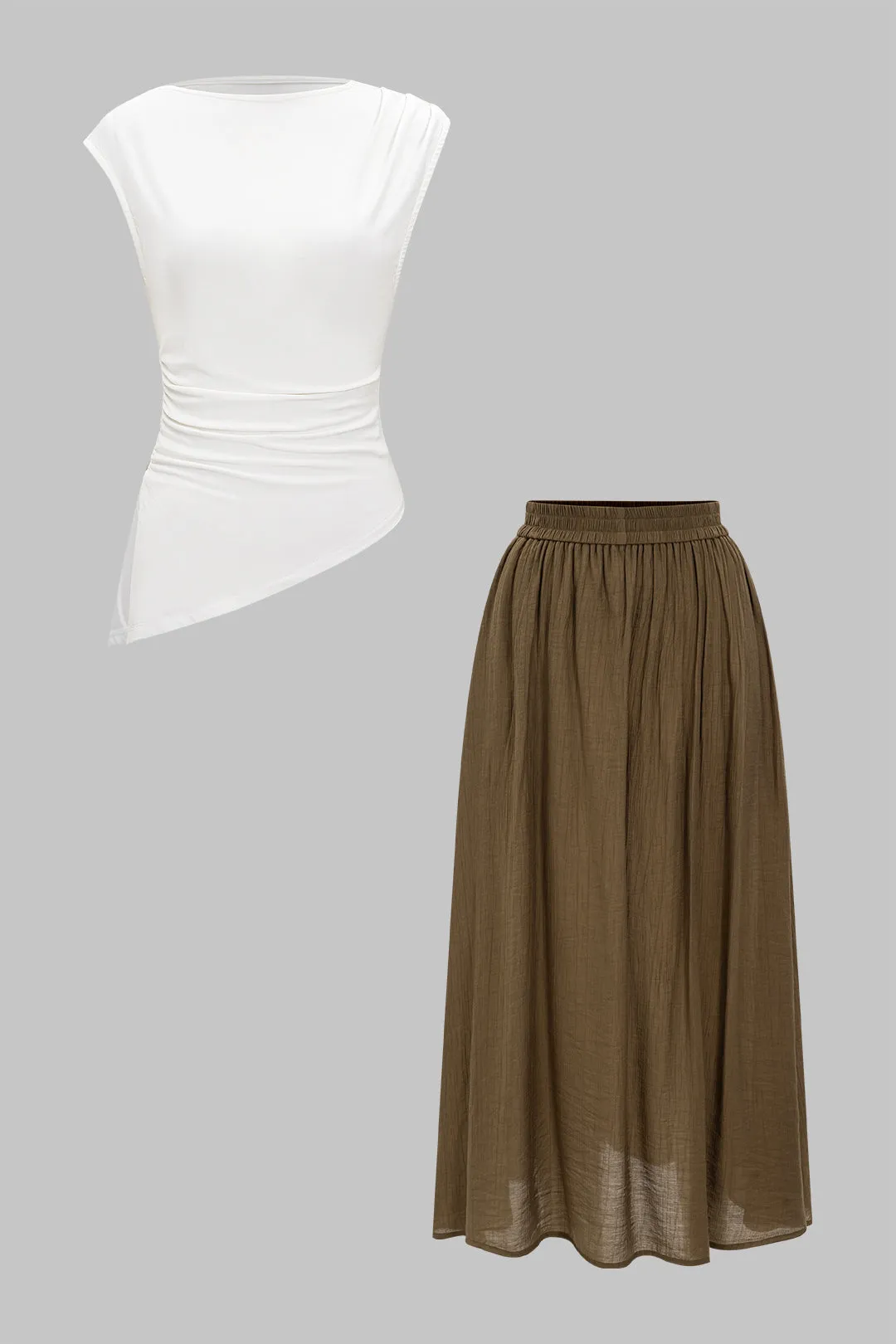 Ruched Detail Asymmetrical T-shirt And Skirt Set sold by Micas
