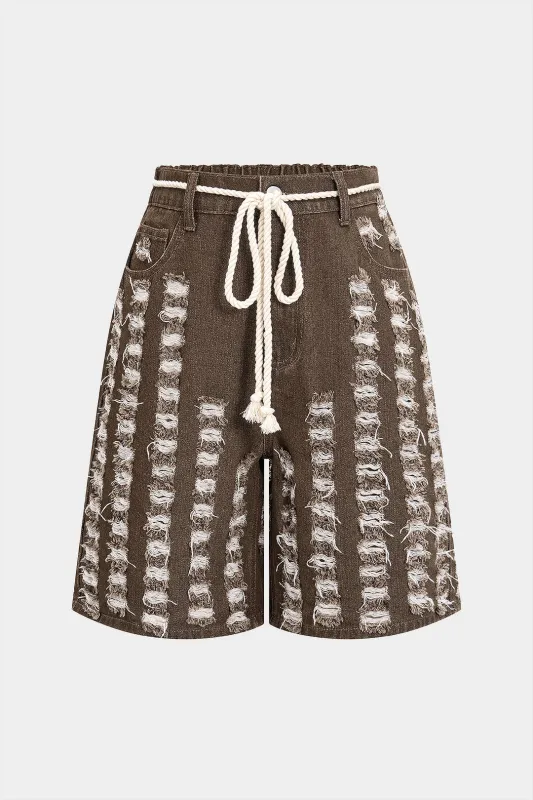 Denim Drawstrings Ripped Washed Shorts sold by Micas