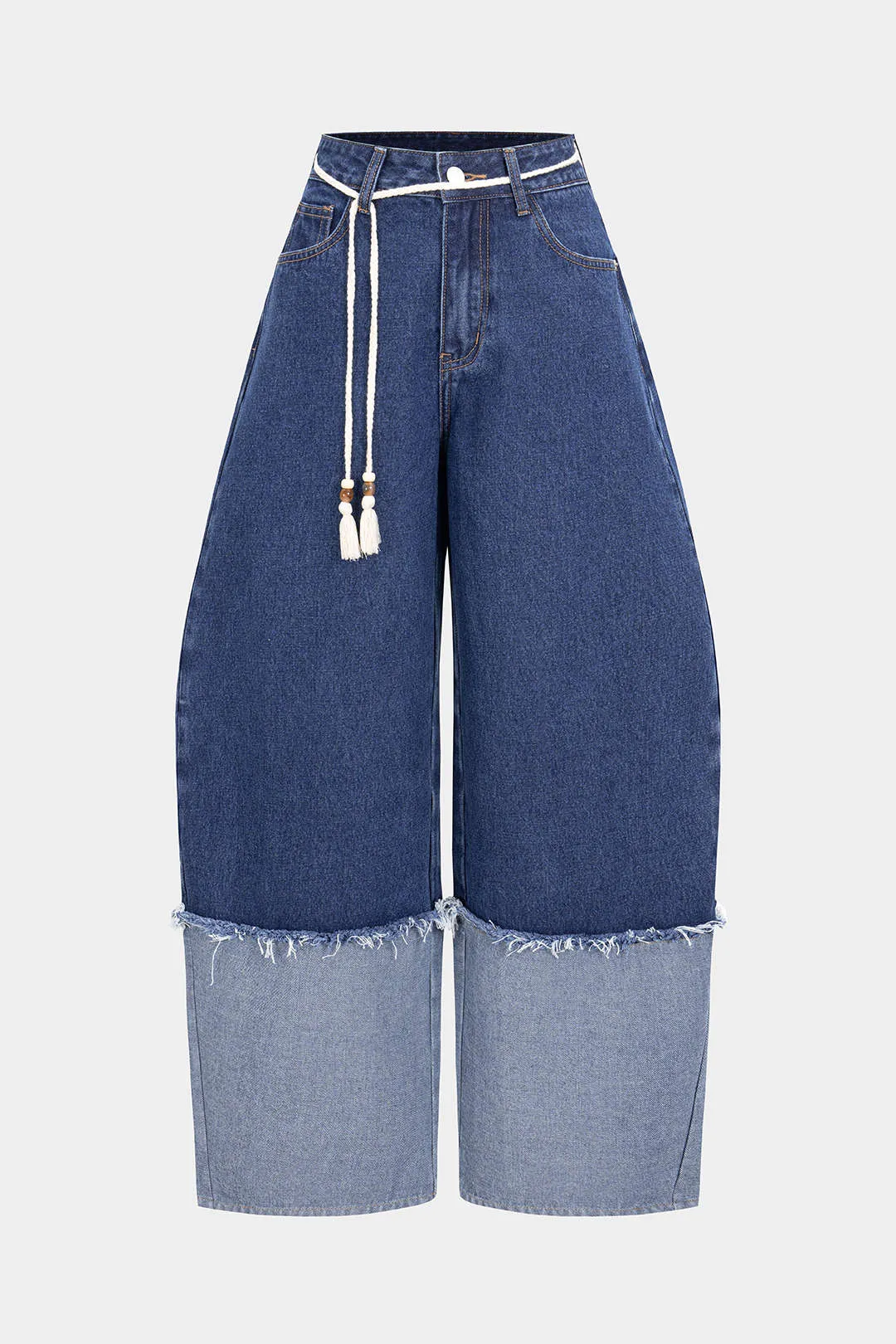 Denim Belted Washed Patchwork Wide Leg Jeans sold by Micas