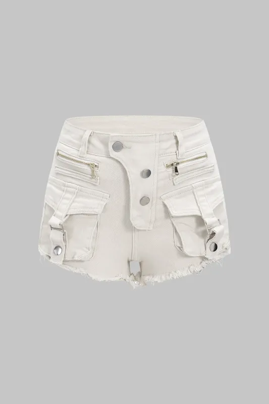 Denim Asymmetrical Zipper Pocket High Waist Shorts sold by Micas