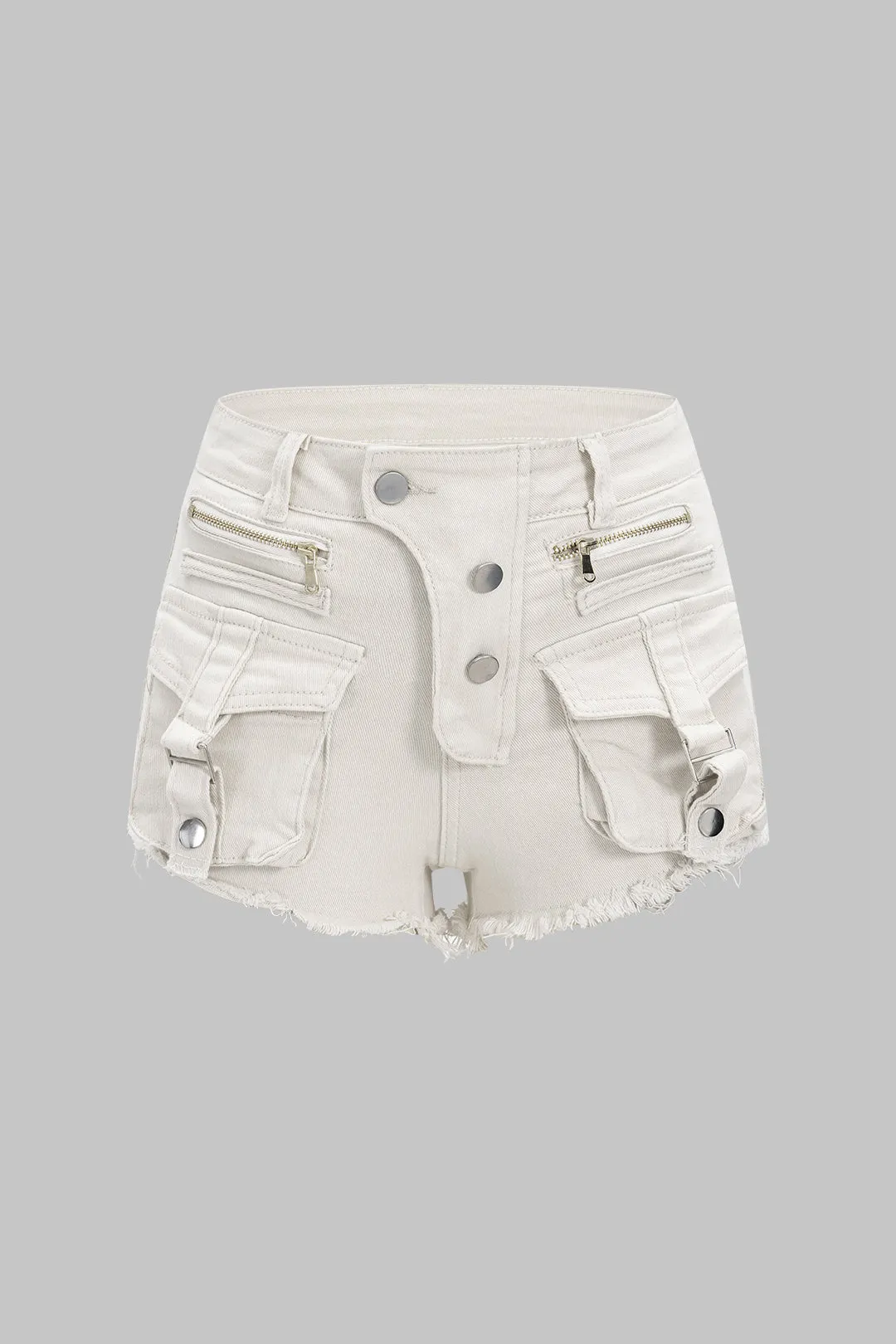 Denim Asymmetrical Zipper Pocket High Waist Shorts sold by Micas