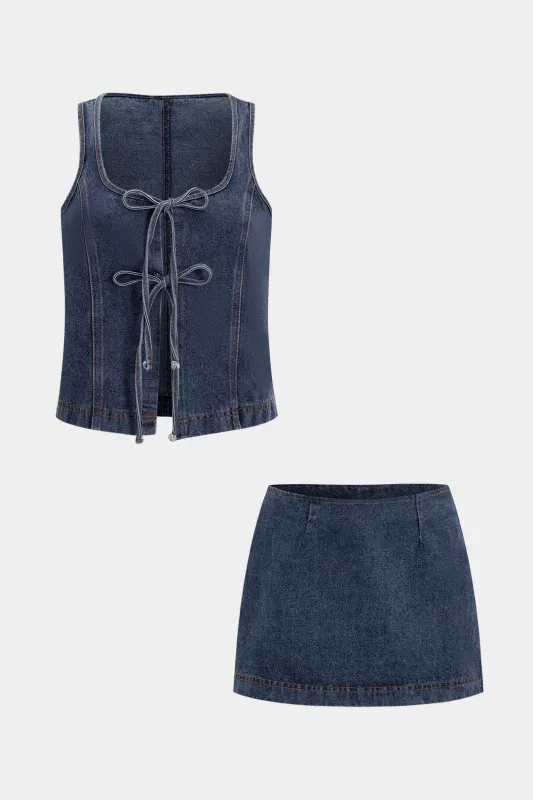 Denim Tie-Up Square Neck Tank Top And Skirt Set sold by Micas