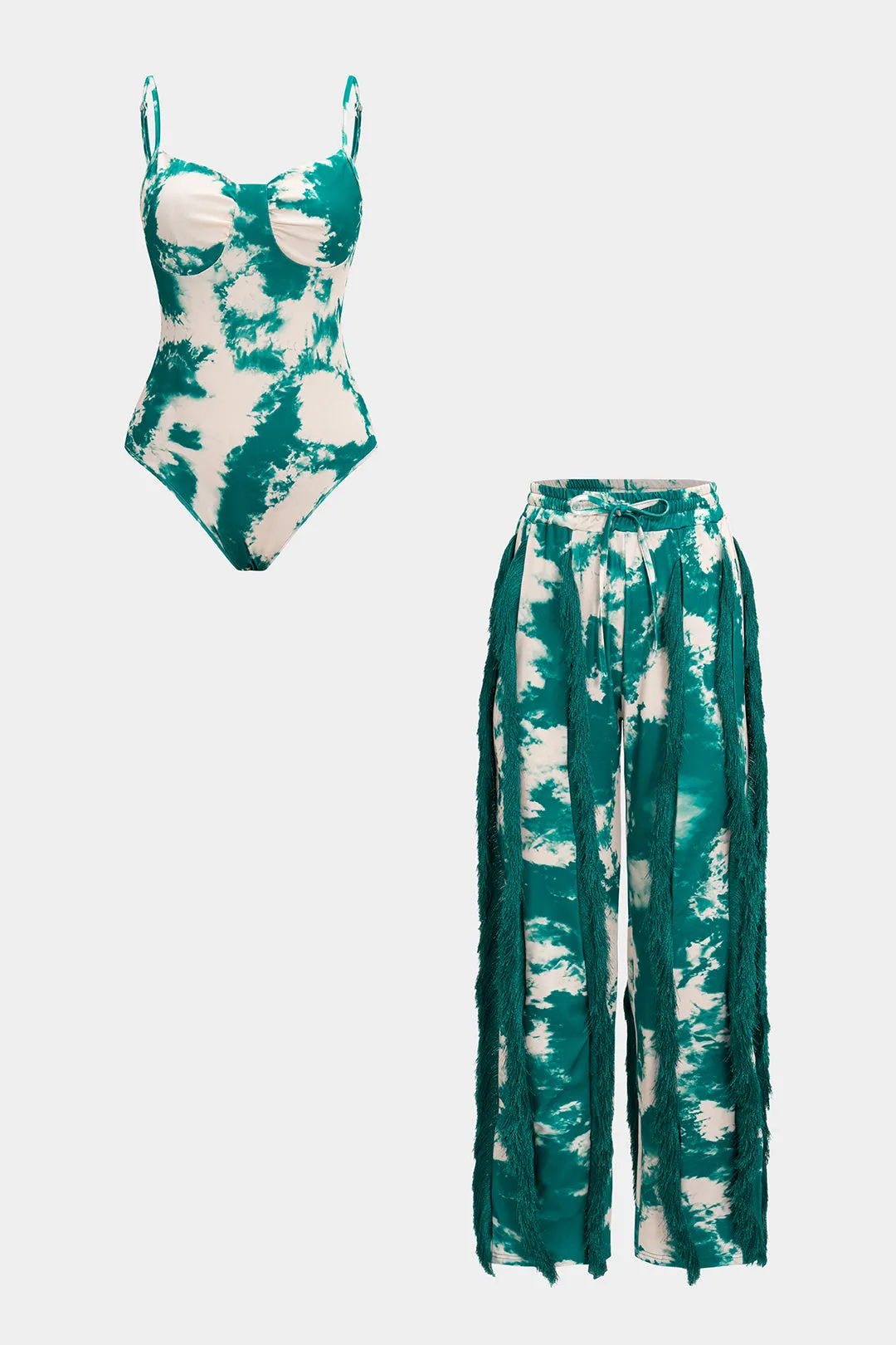 Tie Dye Print Bodysuit And Fringe Tie-Up Trousers Set sold by Micas