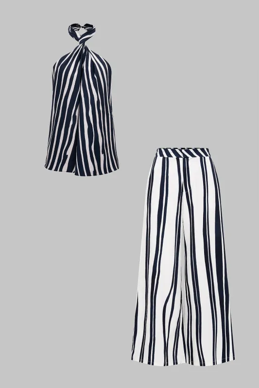 Contrast Stripes Print Halter Neck Backless Twist Knot Tank Top And Trousers Set sold by Micas