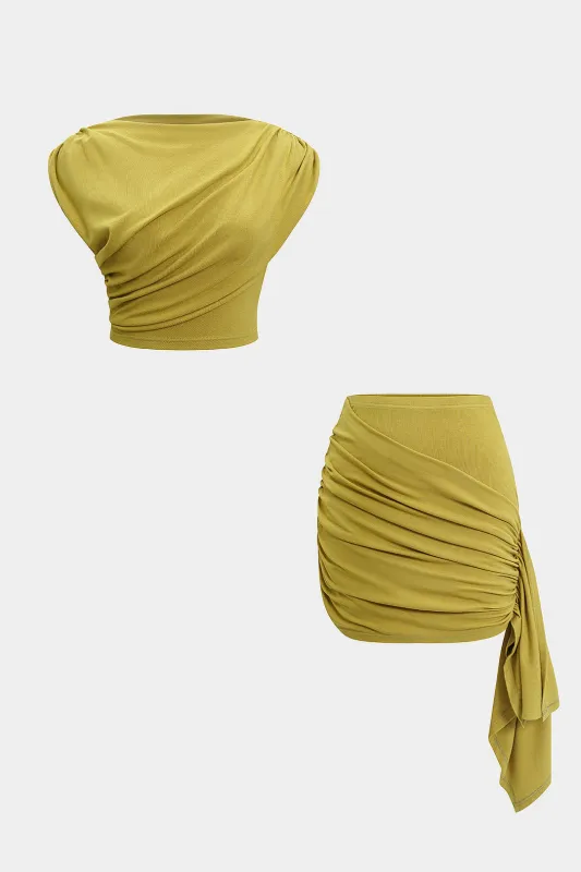 Solid Ruched Asymmetrical Top And Skirt Set sold by Micas
