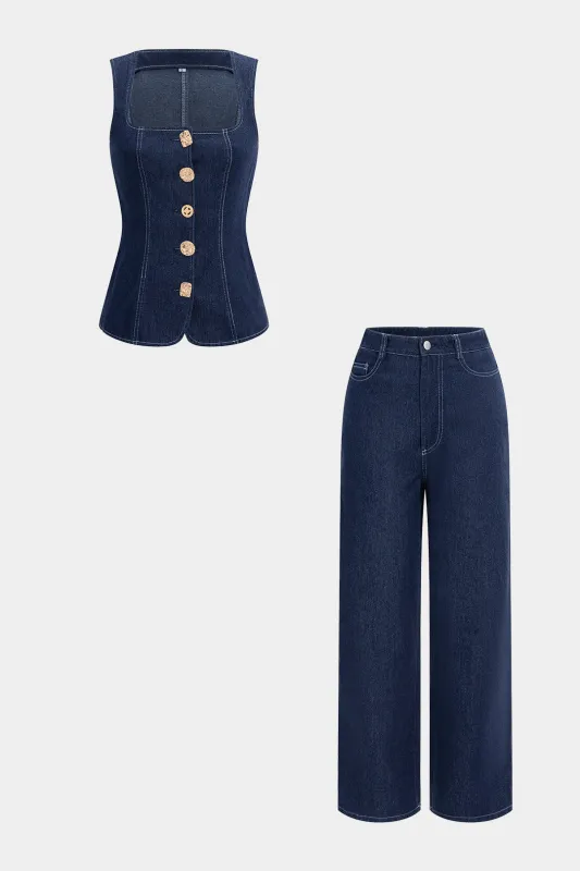 Denim Square Neck Metallic Decor Tank Top And Straight Leg Jeans Set sold by Micas
