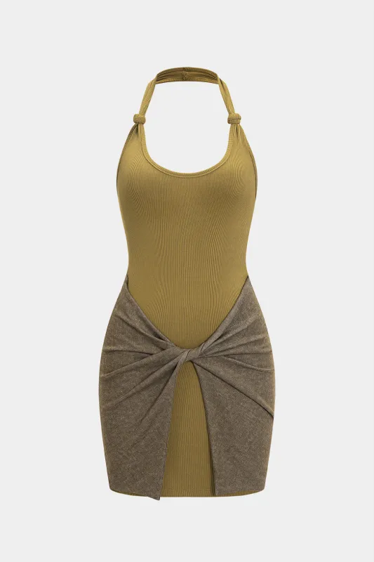 Halter Twist Knot Patchwork Sleeveless Mini Dress sold by Micas