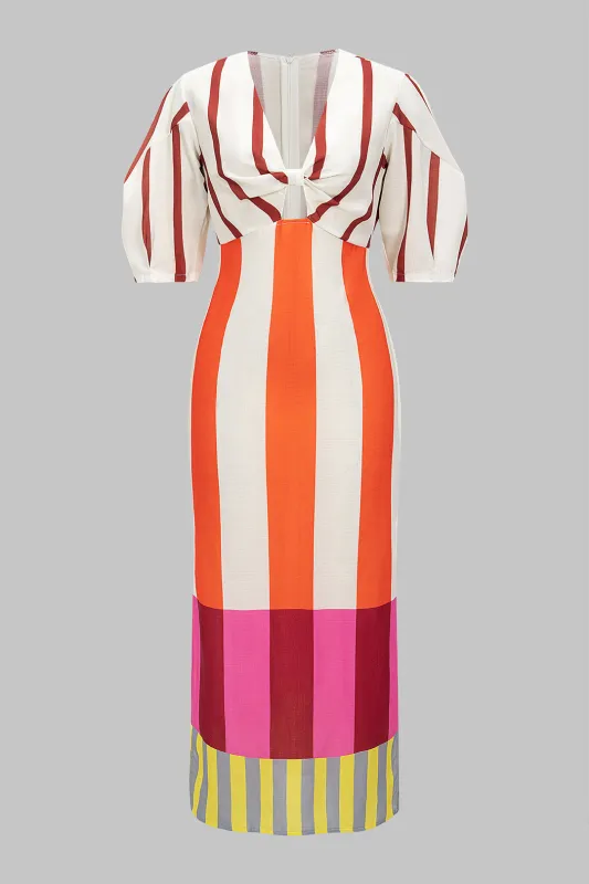 Stripes Print Linen Hollow Out Short Sleeve Midi Dress sold by Micas