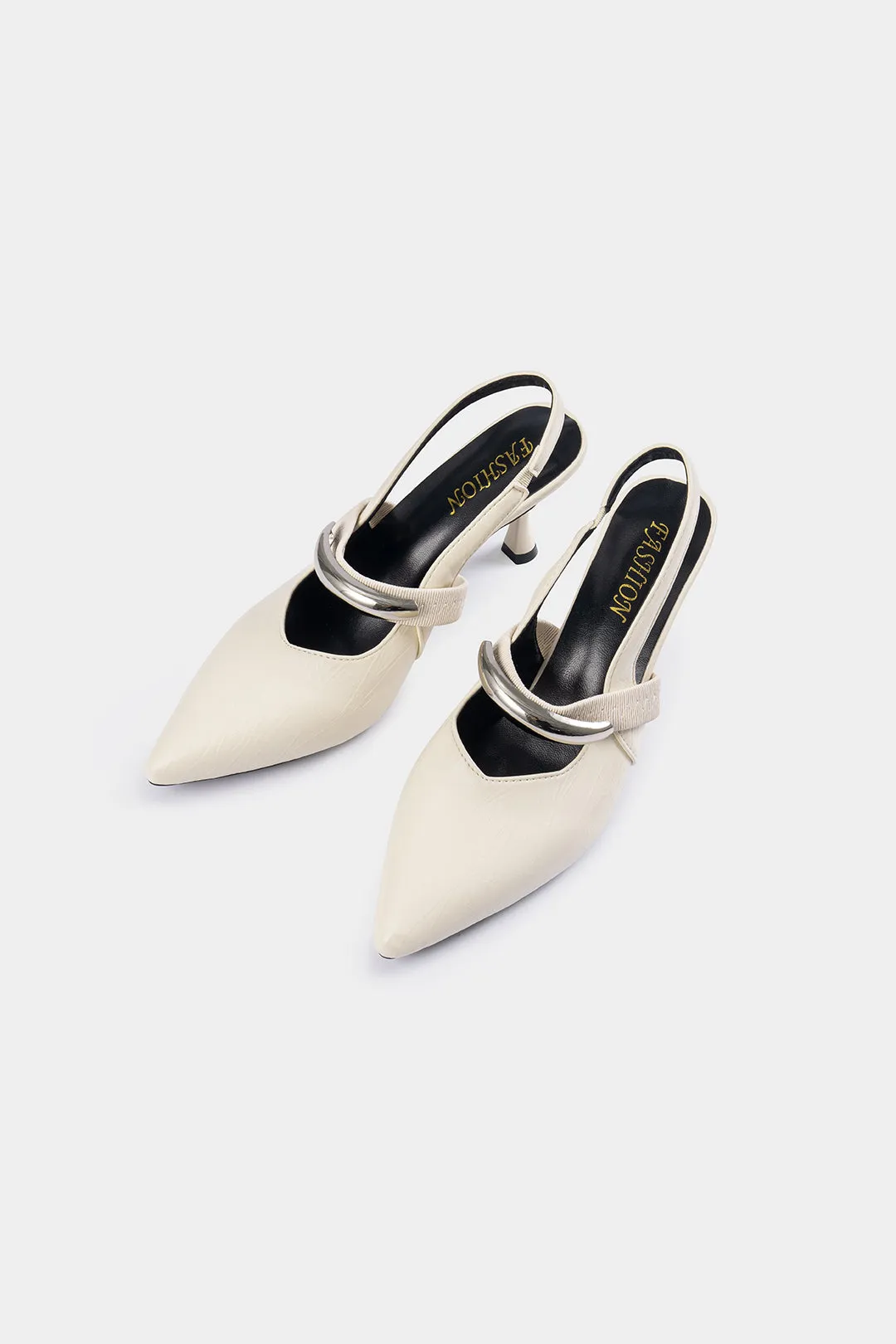 Pointed Faux Leather Metallic One-Strap Heels sold by Micas