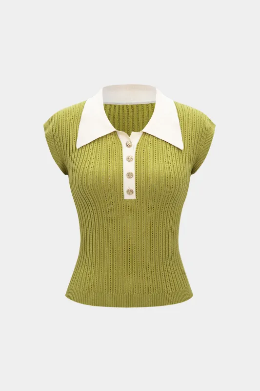 Knit Metallic Button Short Sleeve Top sold by Micas