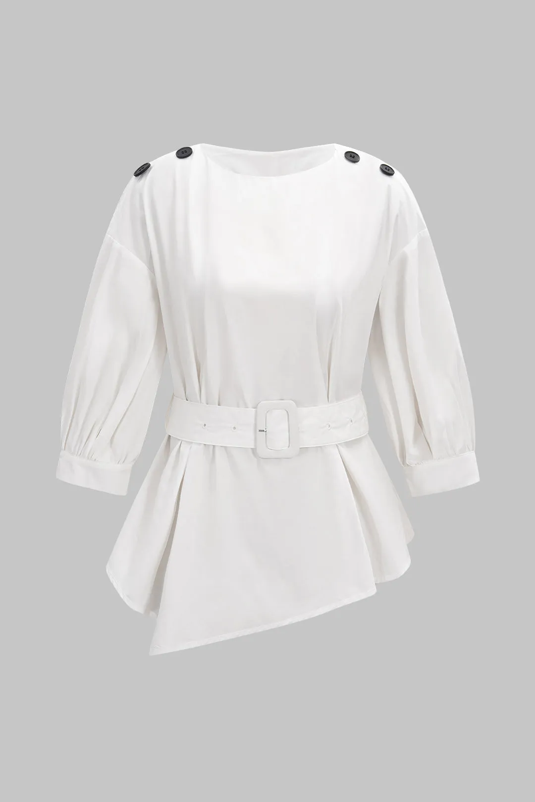 Solid Button Decor Belted Shirt sold by Micas