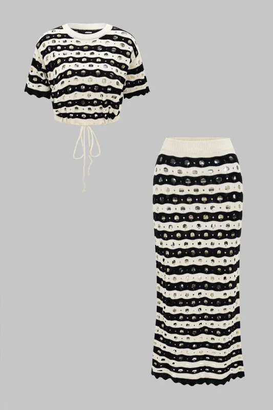 Knit Contrast Hollow Out Top And Skirt Set sold by Micas