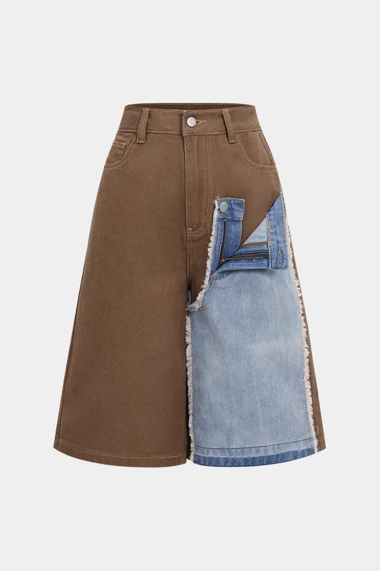 Denim Patchwork Washed Jorts sold by Micas