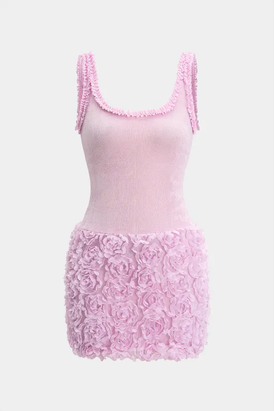 3D Floral Scallop Edge Square Neck Sleeveless Mini Dress sold by Micas