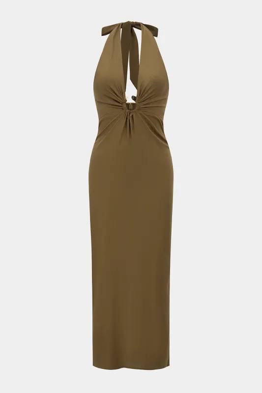 Satin Metallic V-Neck Halter Neck Tie-Back Sleeveless Maxi Dress sold by Micas