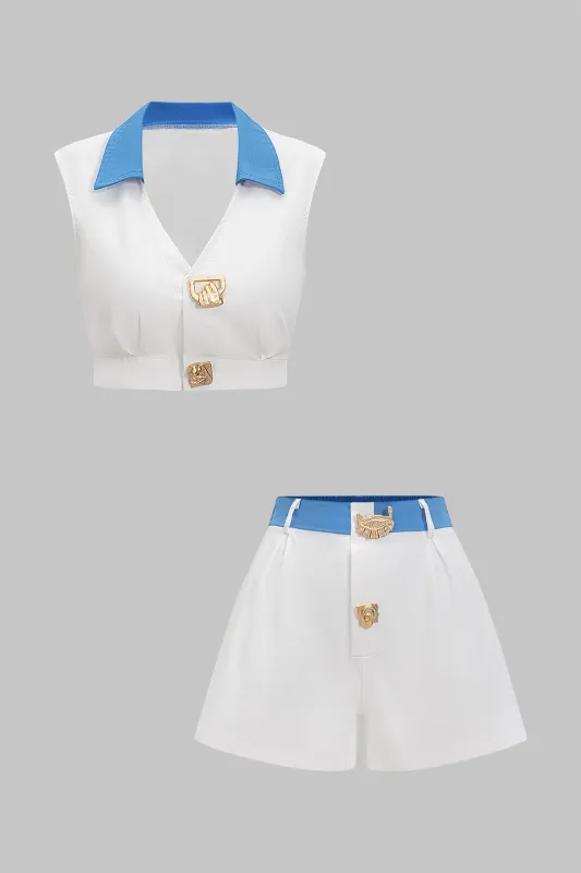 Patchwork Metallic Decor V-Neck Tank Top And Shorts Set sold by Micas