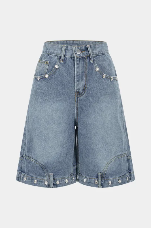 Denim Zipper Rhinestone Trim Pocket Shorts sold by Micas